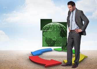 Poster - Composite image of smiling businessman with hands on hips