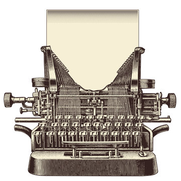 front view of a vintage typewriter with a blank sheet of paper