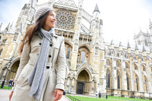 Westminster Abbey Church London With Young Woman