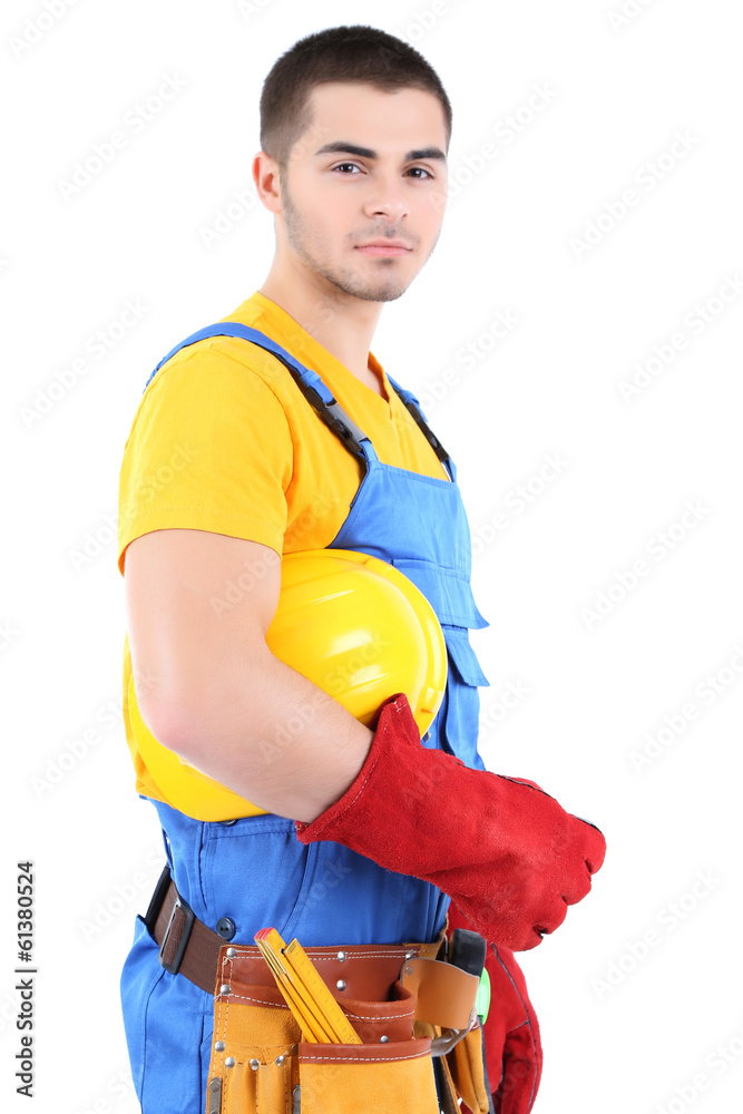 Young worker isolated on white