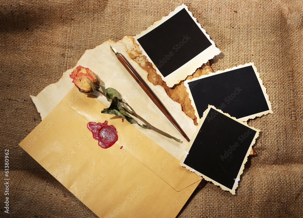 Composition with blank old photos, paper, letters