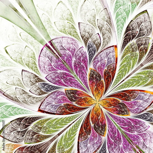Fototapeta na wymiar Beautiful fractal flower in beige, green and violet. Computer ge