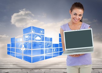 Poster - Composite image of smiling young female with her laptop