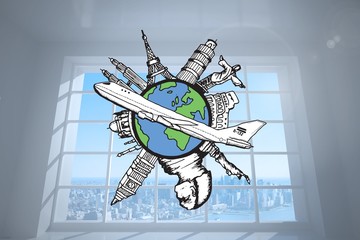 Poster - Composite image of landmarks of the world with airplane doodle
