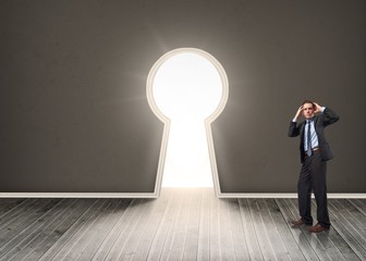 Poster - Composite image of stressed businessman with hands on head