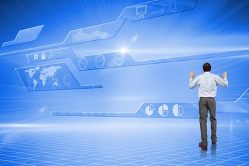 Poster - Composite image of businessman posing with hands up