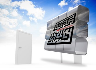 Poster - Composite image of arrow going through maze on abstract screen