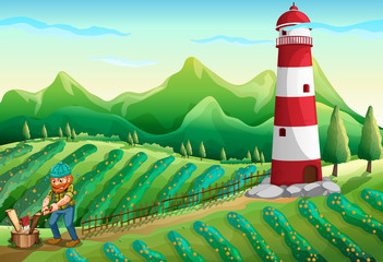 Wall Mural - A lumberjack at the farm with a tower