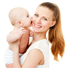 happy mother with baby over white