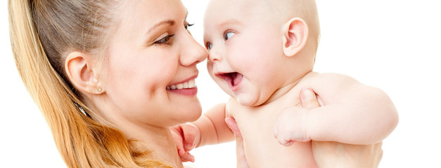 happy mother with baby over white