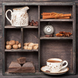 Fototapeta Fototapety do kuchni - Hot chocolate and spices. Vintage set in wooden box. Сollage