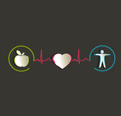 Wall Mural - Healthy living symbols connected with normal heart sinus rhythm