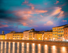 Sunset Colors In Lungarni. Buildings Along Arno River