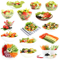 Wall Mural - Collage of  different salads isolated on white