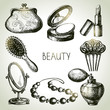 © pim - Beauty sketch icon set. Vintage hand drawn vector illustrations