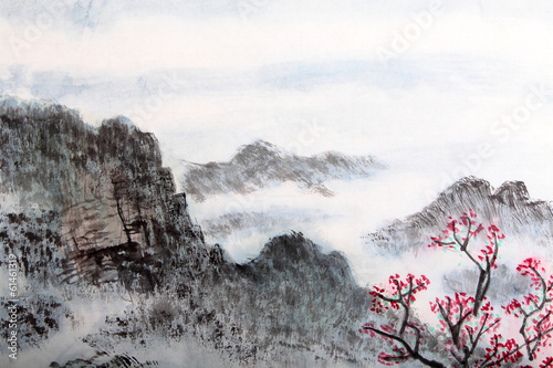tradycyjne-chinskie-malarstwo-gorski-pejzaz-z-drzewami-wisni