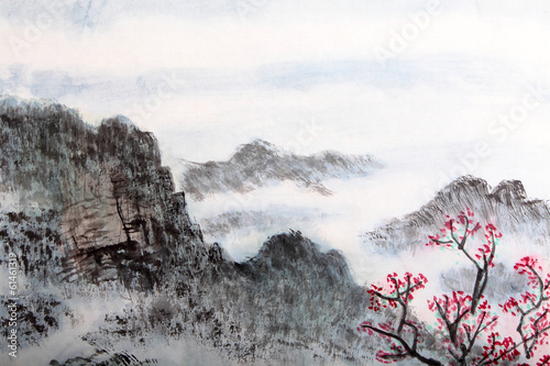 Naklejka - mata magnetyczna na lodówkę traditional Chinese painting , landscape