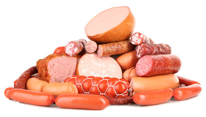 Wall Mural - Lot of different sausages isolated on white