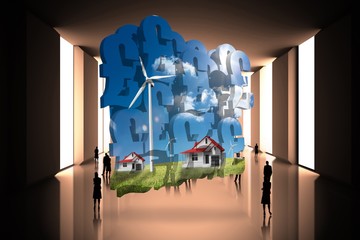 Poster - Composite image of houses with wind turbines on abstract screen