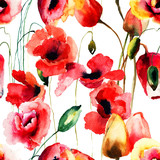 Fototapeta Maki - Seamless pattern with Poppy and Tulips flowers