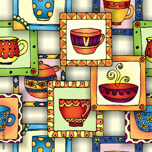 Naklejka - mata magnetyczna na lodówkę Tea cups and pots frame unique design.