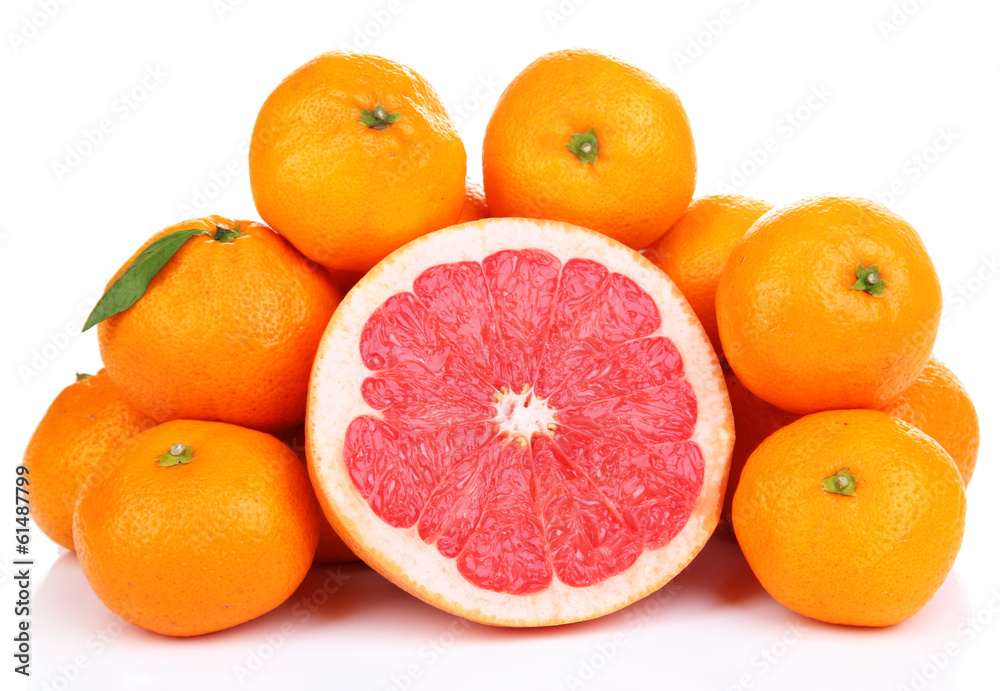 Ripe sweet tangerines and grapefruit, isolated on white