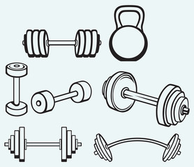 Wall Mural - Dumbbells icons isolated on blue background