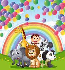 Poster - Animals below the  floating balloons and rainbow