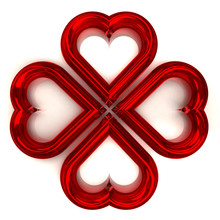 Four Isolated Glassy Red Heart Shape Top View