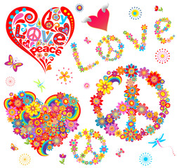 Sticker - Set of peace flower symbol and floral hearts