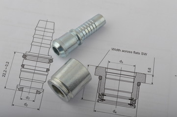 Mechanical part on its technical drawing