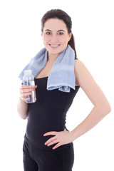 young sporty woman with bottle of mineral water isolated on whit