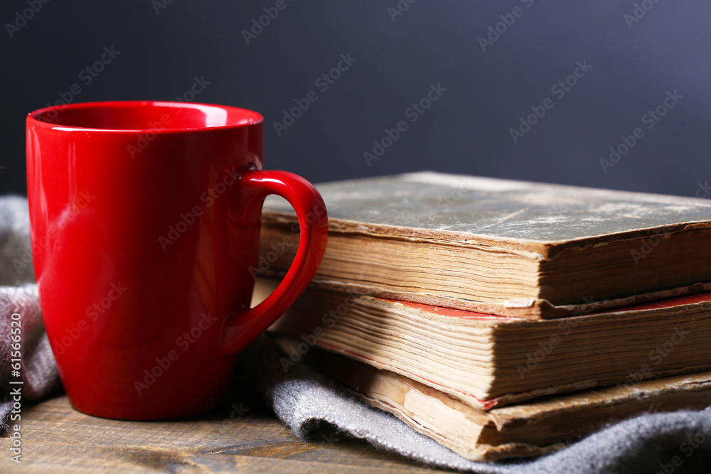 Cup of hot tea with books and plaid on table on dark background