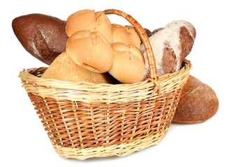 Composition with bread and rolls in wicker basket isolated