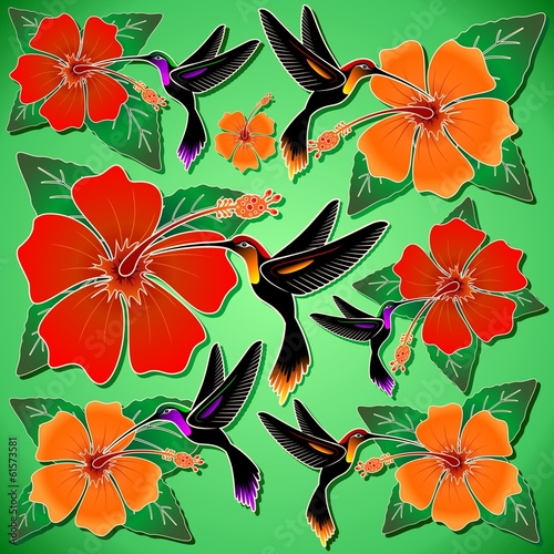 Hummingbird and Hibiscus Batik Pattern