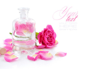 Bottle of essential oil and pink rose isolated on white