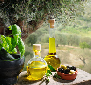 Fototapete - Öliven und Öl serviert im Olivenhain