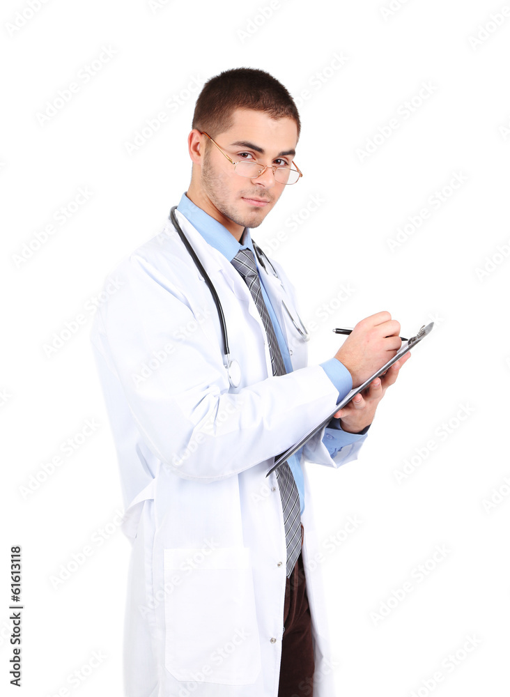 Male Doctor standing with folder, isolated on white background