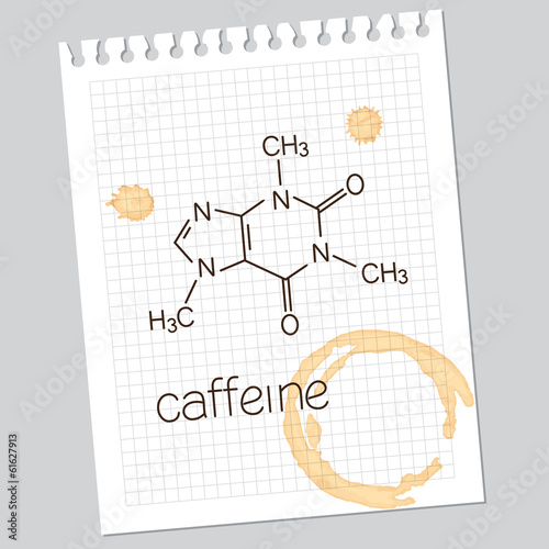 Fotografía Caffeine molecule on squared notebook paper with coffee stains