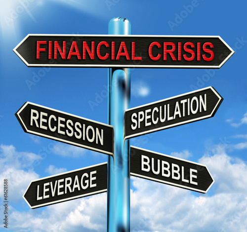 Fotografía Financial Crisis Signpost Shows Recession Speculation Leverage A