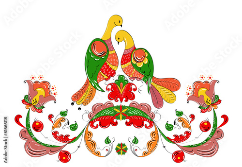 Obraz w ramie Russian traditional ornament with paradise birds