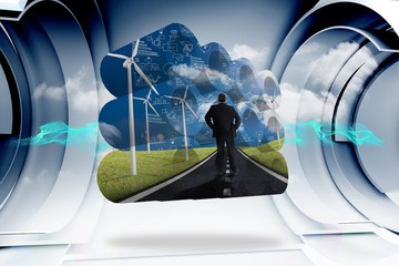 Poster - Composite image of businessman on road on abstract screen