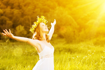 Poster - happy woman in wreath outdoors summer enjoying life