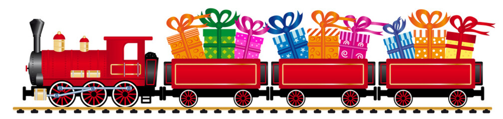 red steam locomotive with gifts