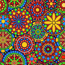Colorful Circle Flower Mandalas Seamless Pattern, Vector
