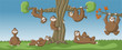 Group of cartoon brown sloths around a tree