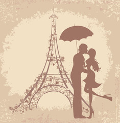 Honeymoon and Romantic Travel. Couple in Paris, Eiffel Tower