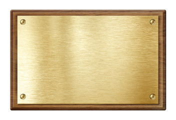 golden plate or nameboard in wooden frame isolated on white