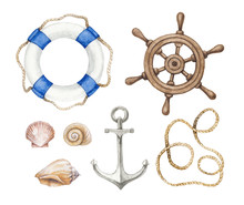 Set Of A Wattercolor Nautical Illustrations