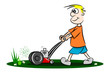 A cartoon guy cutting the grass with lawn mower